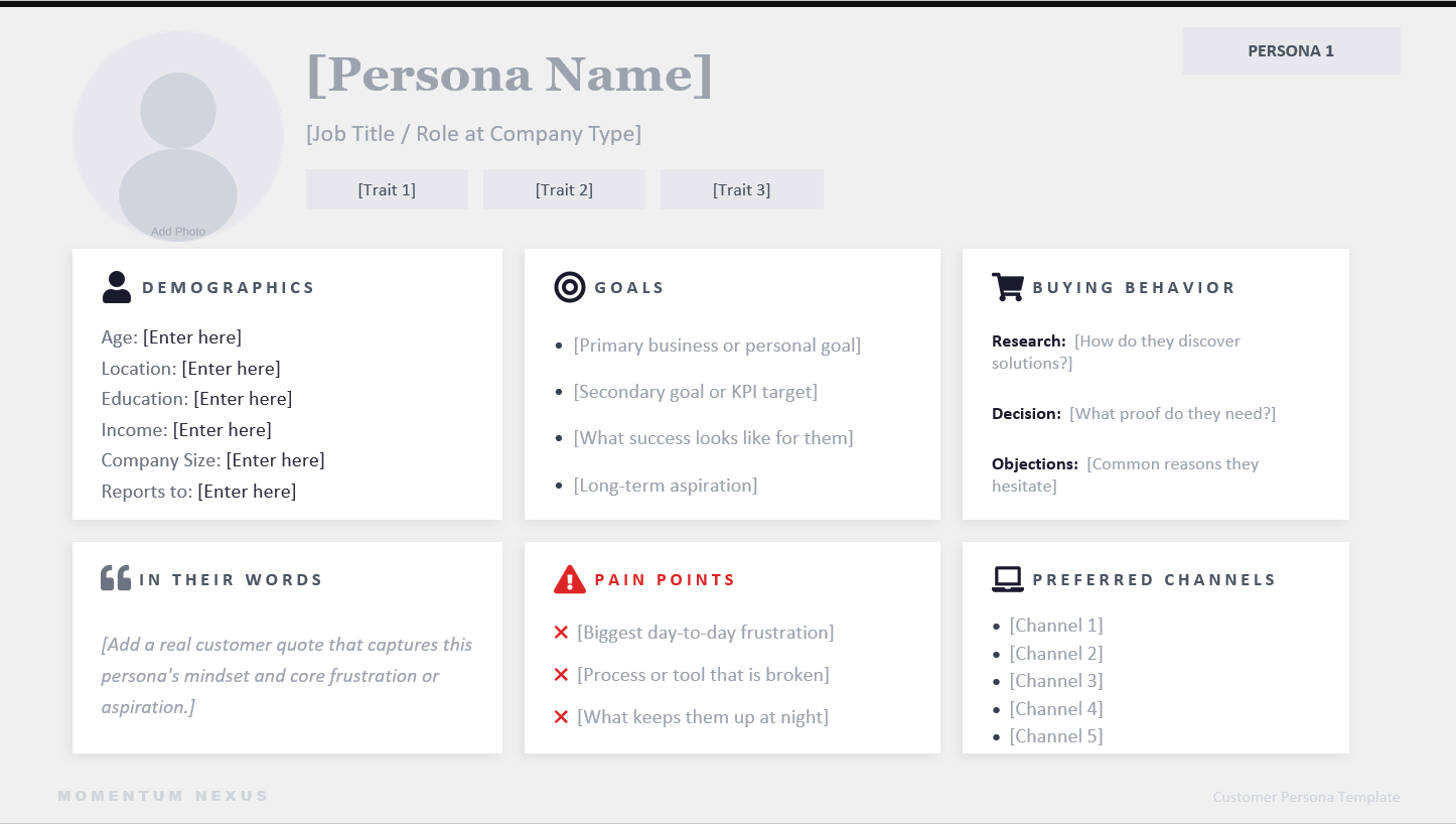 Customer Persona Template Preview - Sarah Reynolds Example